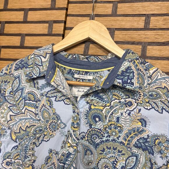 Charter Club Relaxed Fit Blue Paisley Button Down Shirt Size 12 - Picture 3 of 6